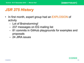 Tel Aviv 16-17 December 2015 – Werner Keil
1/3/2016 13
JSR 375 History
• In first month, expert group had an EXPLOSION of
activity
 Lot of Brainstorming!
 237 messages on EG mailing list
 81 commits in GitHub playgrounds for examples and
proposals
 24 JIRA issues
 