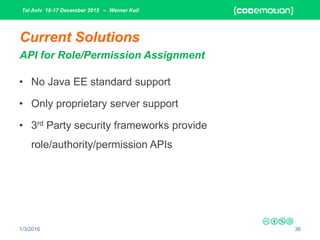 Tel Aviv 16-17 December 2015 – Werner Keil
1/3/2016 36
Current Solutions
API for Role/Permission Assignment
• No Java EE standard support
• Only proprietary server support
• 3rd Party security frameworks provide
role/authority/permission APIs
 