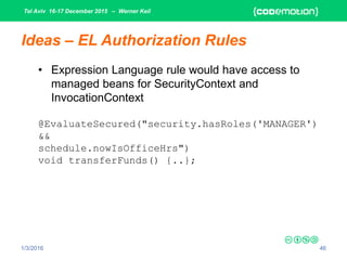 Tel Aviv 16-17 December 2015 – Werner Keil
1/3/2016 46
Ideas – EL Authorization Rules
• Expression Language rule would have access to
managed beans for SecurityContext and
InvocationContext
@EvaluateSecured("security.hasRoles('MANAGER')
&&
schedule.nowIsOfficeHrs")
void transferFunds() {..};
 
