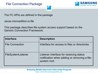 File Connection Package The FC APIs are defined in the package   Javax.microedition.io.file This package describes file system access support based on the  Generic Connection Framework.  Interface for access to files or directories File Connection Listener interface for receiving status notification when adding or removing a file-system root. FileSystemListener Description Interface 