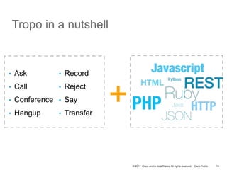 © 2017 Cisco and/or its affiliates. All rights reserved. Cisco Public
+
• Ask
• Call
• Conference
• Hangup
• Record
• Reject
• Say
• Transfer
18
Tropo in a nutshell
 