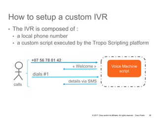 © 2017 Cisco and/or its affiliates. All rights reserved. Cisco Public
How to setup a custom IVR
• The IVR is composed of :
• a local phone number
• a custom script executed by the Tropo Scripting platform
dials #1
+07 56 78 01 42
« Welcome »
details via SMS
calls
Voice Machine
script
29
 