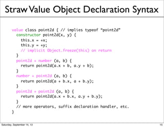 StrawValue Object Declaration Syntax
value class point2d { // implies typeof “point2d”
constructor point2d(x, y) {
this.x = +x;
this.y = +y;
// implicit Object.freeze(this) on return
}
point2d + number (a, b) {
return point2d(a.x + b, a.y + b);
}
number + point2d (a, b) {
return point2d(a + b.x, a + b.y);
}
point2d + point2d (a, b) {
return point2d(a.x + b.x, a.y + b.y);
}
// more operators, suffix declaration handler, etc.
}
15
 