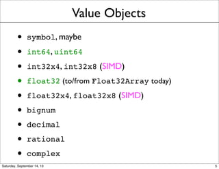 Value Objects
• symbol, maybe
• int64, uint64
• int32x4, int32x8 (SIMD)
• float32 (to/from Float32Array today)
• float32x4, float32x8 (SIMD)
• bignum
• decimal
• rational
• complex
5
 