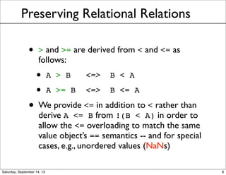 Preserving Relational Relations
• > and >= are derived from < and <= as
follows:
• A > B <=> B < A
• A >= B <=> B <= A
• We provide <= in addition to < rather than
derive A <= B from !(B < A) in order to
allow the <= overloading to match the same
value object’s == semantics -- and for special
cases, e.g., unordered values (NaNs)
8
 