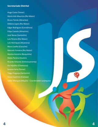 Secretariado Distrital

    Hugo Costa (Tomar)
    Maria Inês Maurício (Rio Maior)
    Bruno Tomás (Abrantes)
    Débora Lopes (Rio Maior)
    Edgar Rodrigues (Constância)
    Filipe Castelo (Almeirim)
    José Noras (Santarém)
    Luís Pereira (Rio Maior)
    Luís Henriques (Alcanena)
    Mara Coelho (Coruche)
    Marcelo Fonseca (Rio Maior)
    Marina Honório (Barquinha)
    Nádia Pereira (Ourém)
    Ricardo Antunes (Entroncamento)
    Rui Hipólito (Chamusca)
    Susana Faria (Tomar)
    Tiago Preguiça (Santarém)
    Vasco Casimiro (Cartaxo)
    Valter Marques (Mação) - Coordenador autárquico




4                                                     4
 