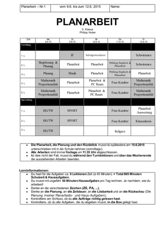 Planarbeit – Nr.1 vom 8.6. bis zum 12.6. 2015 Name:
PLANARBEIT
5. Klasse
Philipp Huber
Zeit Mo
8.6.15
Di
9.6.15
Mi
10.6.15
Do
11.6.15
Fr
12.6.15
Vormittag
1. L IF Schulgottesdienst Schwimmen
2. L
Begrüssung &
Planung
Planarbeit Planarbeit
Prüfung Englisch &
Planarbeit
Schwimmen
3. L Planung Musik Planarbeit
Prüfung Englisch &
Planarbeit
Planarbeit
4. L
Mathematik
Proportionalität
Planarbeit
Planarbeit &
PC Raum
Frau Kamber
Mathematik
Proportionalität
5. L
Mathematik
Proportionalität
Planarbeit
Planarbeit &
PC Raum
Frau Kamber
Mathematik
Proportionalität
Nachmittag
1. L HG/TW SPORT Frau Kamber
Planarbeit
Auswertung
2. L HG/TW SPORT Frau Kamber Klassenkreis
3. L
HG/TW Religion
● Die Planarbeit, die Planung und den Rückblick musst du spätestens am 15.6.2015
unterschrieben mit in die Schule nehmen (vormittags).
● Alle Arbeiten sind immer freitags um 11.35 Uhr abgeschlossen.
● Ist dies nicht der Fall, musst du während den Turnlektionen und über das Wochenende
die ausstehenden Arbeiten beenden.
Lerninformationen:
● Du hast für die Aufgaben ca. 9 Lektionen Zeit (à 45 Minuten) = Total 605 Minuten
Schulzeit & Hausaufgaben.
● Du musst mit ungefähr 50 Minuten Hausaufgaben pro Tag rechnen. Je nachdem, wie du
arbeitest!
● Denke an die verschiedenen Zeichen (ZS, PA, ...).
● Denke an die Planung, an die Zeitdauer, an die Lösbarkeit und an die Rückschau (Die
Planung meiner Planarbeits- und Haus-Aufgaben).
● Kontrolliere am Schluss, ob du alle Aufträge richtig gelesen hast.
● Kontrolliere, ob du alle Aufgaben, die du abgeben musst, in die Box gelegt hast.
 