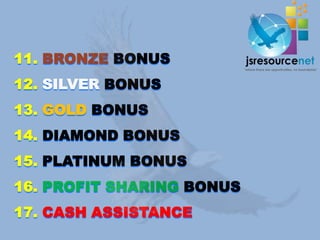 11. BRONZE BONUS
12. SILVER BONUS
13. GOLD BONUS
14. DIAMOND BONUS
15. PLATINUM BONUS
16. PROFIT SHARING BONUS
17. CASH ASSISTANCE
 