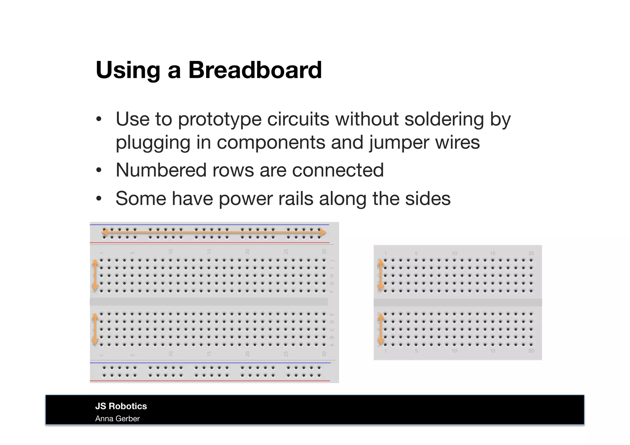 Using a Breadboard
Anna Gerber
JS Robotics
•  Use to prototype circuits without soldering by
plugging in components and jumper wires
•  Numbered rows are connected
•  Some have power rails along the sides
 