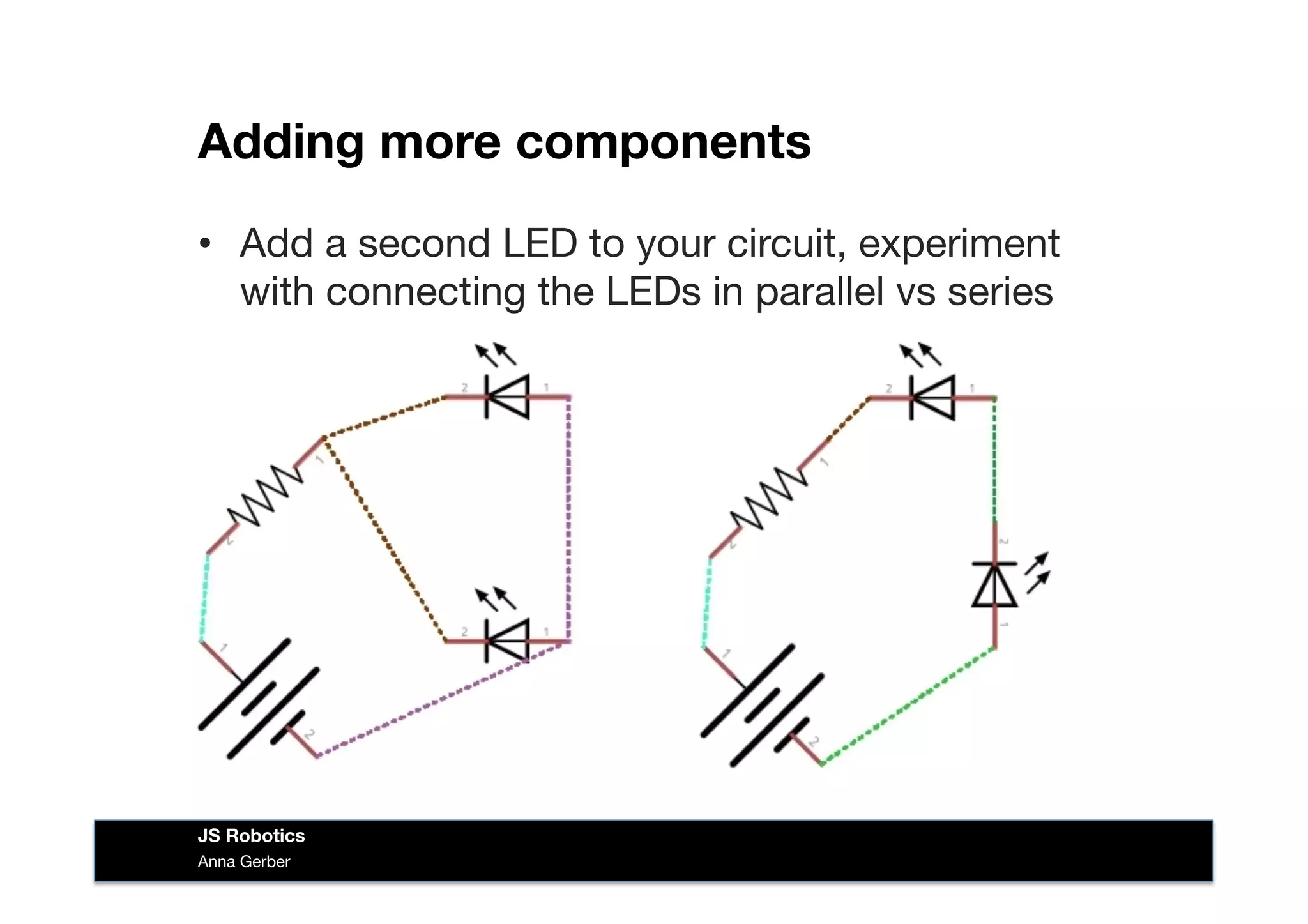 Adding more components
•  Add a second LED to your circuit, experiment
with connecting the LEDs in parallel vs series
Anna Gerber
JS Robotics
 