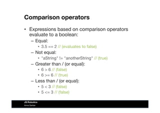 Comparison operators
•  Expressions based on comparison operators
evaluate to a boolean:
–  Equal: 
•  3.5 == 2 // (evaluates to false)
–  Not equal: 
•  "aString" != "anotherString" // (true)
–  Greater than / (or equal): 
•  6 > 6 // (false)
•  6 >= 6 // (true)
–  Less than / (or equal): 
•  5 < 3 // (false)
•  5 <= 3 // (false)
Anna Gerber
JS Robotics
 