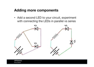 Adding more components
•  Add a second LED to your circuit, experiment
with connecting the LEDs in parallel vs series
Anna Gerber
JS Robotics
 