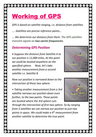 15 | P a g e
Working of GPS
GPS is based on satellite ranging, i.e. distance from satellites
.... Satellites are precise reference points…
... We determine our distance from them. The GPS satellites
transmit signals on two carrier frequencies.
Determining GPS Position
• Suppose the distance from Satellite A to
our position is 11,000 miles, At this point
we could be located anywhere on the
specified sphere. Next, let’s take
another measurement from a second
satellite i.e. Satellite B
Now our position is narrowed down to the
intersection of these two sphere.
• Taking another measurement from a 3rd
satellite narrows our position down even
further, to the two points. These points
are located where the 3rd sphere cuts
through the intersection of first two sphere. So by ranging
from 3 satellites we can narrow our position to just two
points in space. We could make a 4th
measurement from
another satellite to determine the true point.
 