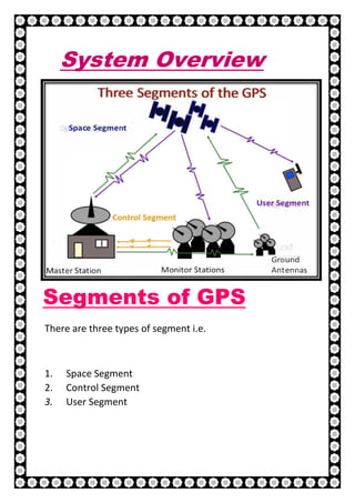 9 | P a g e
System Overview
Segments of GPS
There are three types of segment i.e.
1. Space Segment
2. Control Segment
3. User Segment
 