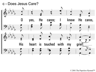 O yes, He cares;
I know He cares,
His heart is touched with my grief;
When the days are weary,
the long nights dreary,
I know my Savior cares.
c - Does Jesus Care?
© 2001 The Paperless Hymnal™
 
