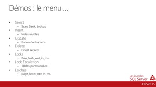 #JSS2015
Démos : le menu …
• Select
– Scan, Seek, Lookup
• Insert
– Index inutiles
• Update
– Forwarded records
• Delete
– Ghost records
• Locks
– Row_lock_wait_in_ms
• Lock Escalation
– Tables partitionnées
• Latches
– page_latch_wait_in_ms
 
