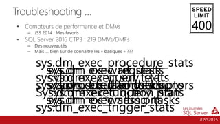 #JSS2015
• Compteurs de performance et DMVs
– JSS 2014 : Mes favoris
• SQL Server 2016 CTP3 : 219 DMVs/DMFs
– Des nouveautés
– Mais … bien sur de connaitre les « basiques » ???
sys.dm_os_buffer_descriptors
sys.dm_exec_requests
sys.dm_exec_connections
sys.dm_exec_sessions
sys.dm_exec_sql_text
sys.dm_exec_query_plan
sys.dm_tran_locks
sys.dm_exec_procedure_stats
sys.dm_exec_query_stats
Sys.dm_exec_function_stats
sys.dm_exec_trigger_stats
sys.dm_os_wait_stats
sys.dm_os_latch_stats
sys.dm_os_waiting_tasks
Troubleshooting …
400
 