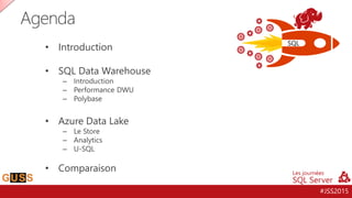 #JSS2015
• Introduction
• SQL Data Warehouse
– Introduction
– Performance DWU
– Polybase
• Azure Data Lake
– Le Store
– Analytics
– U-SQL
• Comparaison
Agenda
SQL
 