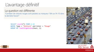 #JSS2015
L’avantage définitif
SELECT count(*) FROM A-10
WHERE Type = ‘Voiture’ and Color = ‘Rouge’
GROUP BY TumblingWindow(hour, 1)
La question est différente
“Combien de voitures rouges sont passées au marqueur 18A sur l’A-10 dans
la dernière heure?”
 