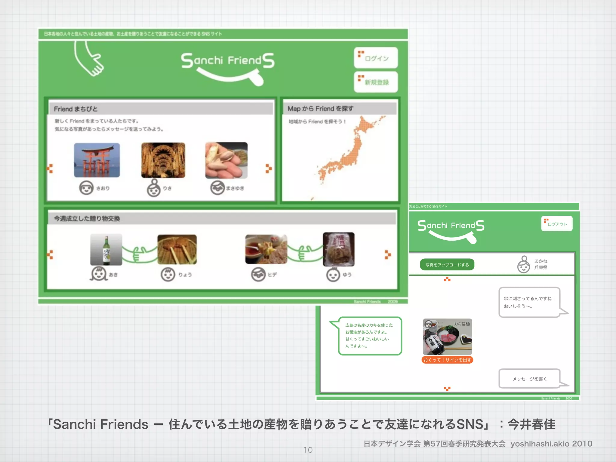 日本デザイン学会 第57回春季研究発表大会 yoshihashi.akio 2010
10
「Sanchi Friends − 住んでいる土地の産物を贈りあうことで友達になれるSNS」：今井春佳
 