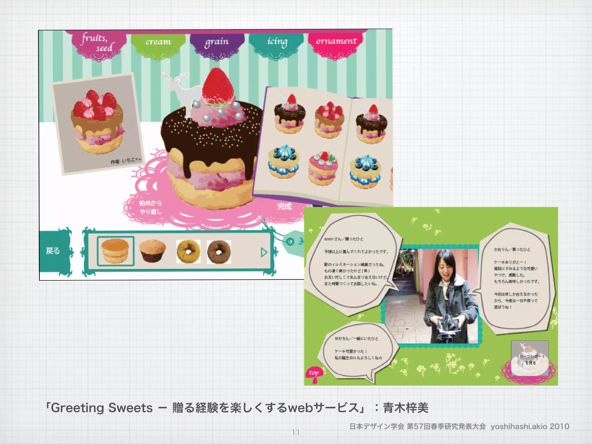 日本デザイン学会 第57回春季研究発表大会 yoshihashi.akio 2010
作品
11
「Greeting Sweets − 贈る経験を楽しくするwebサービス」：青木梓美
 