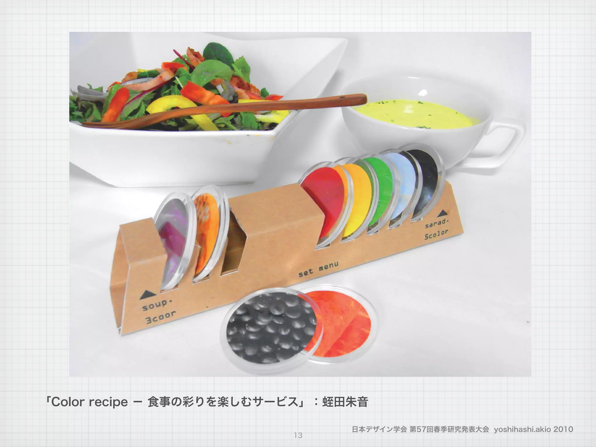 日本デザイン学会 第57回春季研究発表大会 yoshihashi.akio 2010
13
「Color recipe − 食事の彩りを楽しむサービス」：蛭田朱音
 