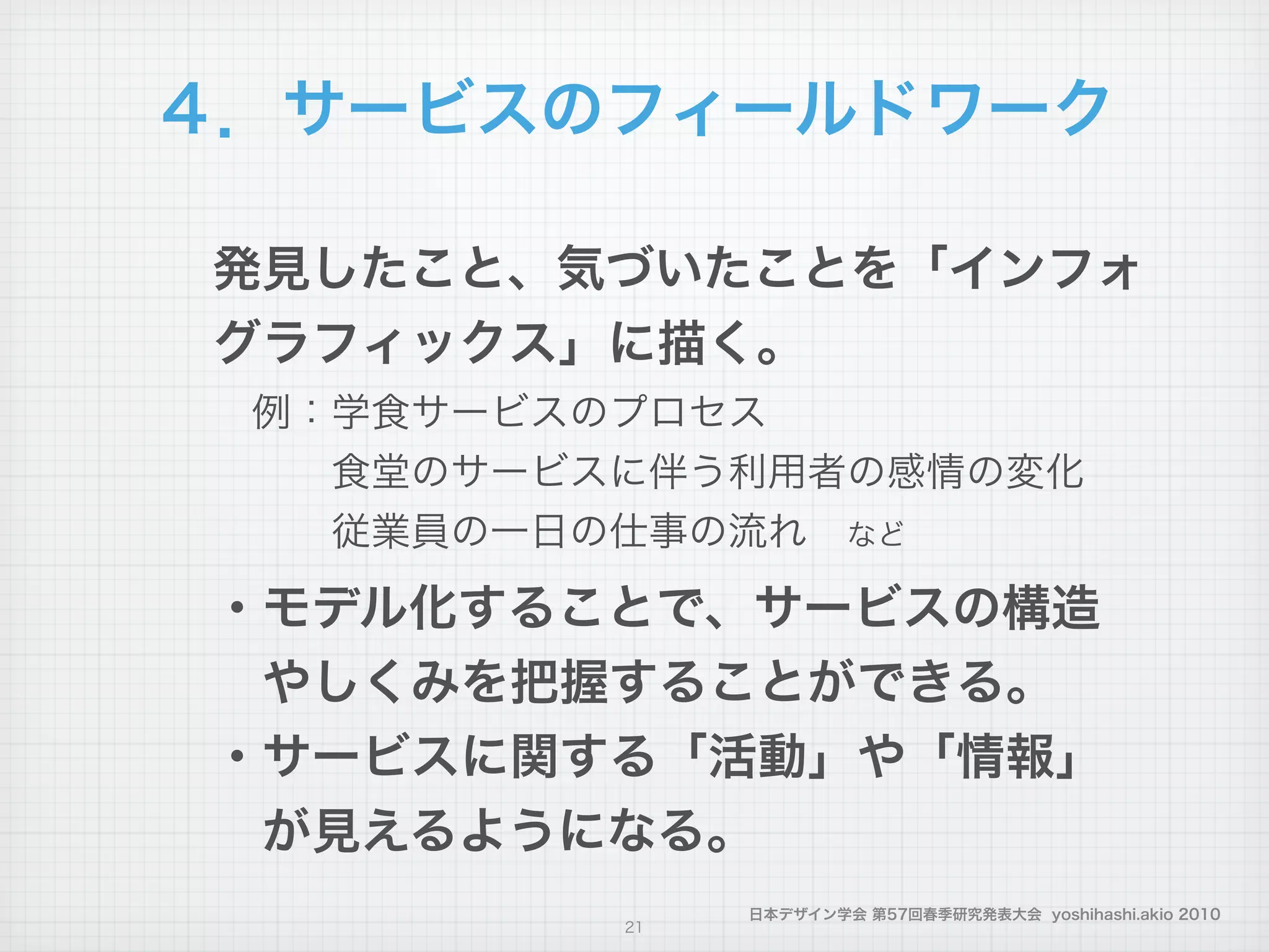 日本デザイン学会 第57回春季研究発表大会 yoshihashi.akio 2010
発見したこと、気づいたことを「インフォ
グラフィックス」に描く。
 例：学食サービスのプロセス
   食堂のサービスに伴う利用者の感情の変化
   従業員の一日の仕事の流れ など
・モデル化することで、サービスの構造
 やしくみを把握することができる。
・サービスに関する「活動」や「情報」
 が見えるようになる。
21
４．サービスのフィールドワーク
 