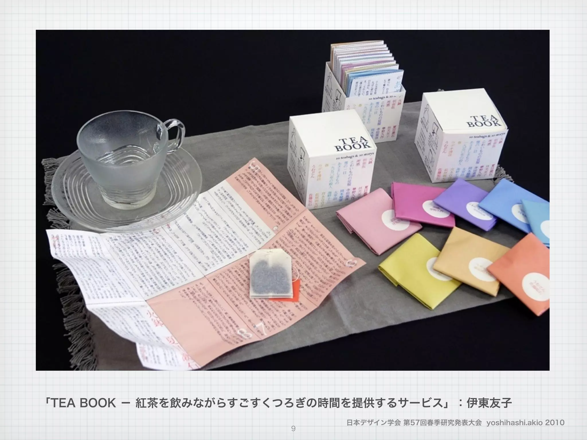 日本デザイン学会 第57回春季研究発表大会 yoshihashi.akio 2010
9
「TEA BOOK − 紅茶を飲みながらすごすくつろぎの時間を提供するサービス」：伊東友子
 