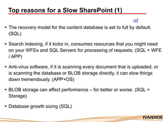 Top reasons for a Slow SharePoint (1)
 The recovery model for the content database is set to full by default.
(SQL)
 Search indexing, if it kicks in, consumes resources that you might need
on your WFEs and SQL Servers for processing of requests. (SQL + WFE
/ APP)
 Anti-virus software, if it is scanning every document that is uploaded, or
is scanning the database or BLOB storage directly, it can slow things
down tremendously. (APP+OS)
 BLOB storage can affect performance – for better or worse. (SQL +
Storage)
 Database growth sizing (SQL)
ref
 