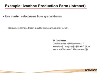 Example: Ivanhoe Production Farm (intranet)
 Use master; select name from sys.databases
64 Databases
Database size = (#Documents *
#Versions) * Avg Size) + (10 KB * (#List
items + (#Versions * #Documents)))
<<Graphic is removed from a public disclosure point of view>>
 