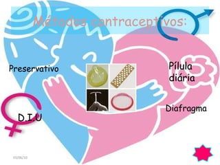 Métodos contraceptivos: 03/06/10 Preservativo D.I.U Pílula diária Diafragma 