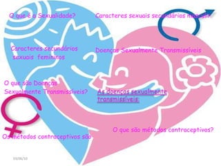 O que é a Sexualidade? Caracteres sexuais secundários masculinos: Caracteres secundários  sexuais  femininos Doenças Sexualmente Transmissíveis (DST) O que são Doenças  Sexualmente Transmissíveis?  03/06/10 O que são métodos contraceptivos?  Os métodos contraceptivos são 