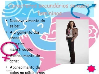 Caracteres secundários sexuais  femininos Desenvolvimento do seios; Alargamento das ancas; Primeira menstruação; Aparecimento de acne; Aparecimento de pelos no púbis e nas axilas; 03/06/10 