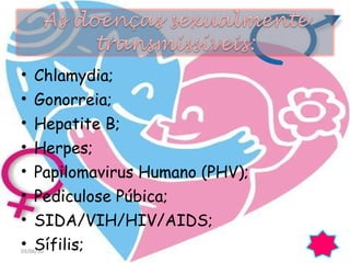 Chlamydia; Gonorreia; Hepatite B; Herpes; Papilomavirus Humano (PHV); Pediculose Púbica; SIDA/VIH/HIV/AIDS; Sífilis;  03/06/10 