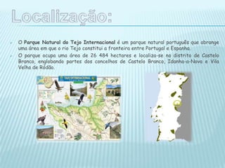  O Parque Natural do Tejo Internacional é um parque natural português que abrange
uma área em que o rio Tejo constitui a fronteira entre Portugal e Espanha.
 O parque ocupa uma área de 26 484 hectares e localiza-se no distrito de Castelo
Branco, englobando partes dos concelhos de Castelo Branco, Idanha-a-Nova e Vila
Velha de Ródão.
 