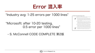 Error 混入率
“Industry avg: 1-25 errors per 1000 lines”
“Microsoft: after 10-20 testing,
0.5 error per 1000 lines”
- S. McConnell CODE COMPLETE 第2版
 