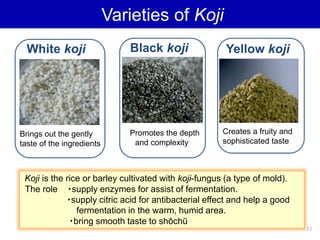 Varieties of Koji
White koji
Brings out the gently
taste of the ingredients
Yellow koji
Creates a fruity and
sophisticated...