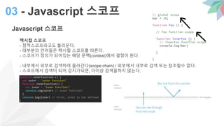Javascript 스코프
렉시컬 스코프
- 정적스코프라고도 불리운다.
- 대부분의 언어들은 렉시컬 스코프를 따른다.
- 스코프가 정의가 되어있는 해당 문맥(context)에서 결정이 된다.
- 내부에서 외부로 검색하여 올라간다(scope chain) / 외부에서 내부로 검색 또는 참조할수 없다.
- 스코프에서 검색이 되어 감지가되면, 더이상 검색을하지 않는다.
03 - Javascript 스코프
function outerFunction () {
var outer = 'outer function!'
function innerFunction() {
var inner = 'inner function!'
console.log(outer) // outer function!
}
console.log(inner) // Error, inner is not defined
}
 