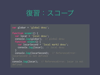 復習：スコープ
var globar = 'global desu';
!
function scope1() {
var locar = 'local desu';
console.log(globar); // global desu
function scope2() {
var locarSecond = 'local mark2 desu';
console.log(locar); // local desu
}
console.log(locarSecond); // ReferenceError:
locarSecond is not defined
}
console.log(locar); // ReferenceError: locar is not
defined
 