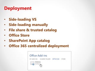 Deployment
• Side-loading VS
• Side-loading manually
• File share & trusted catalog
• Office Store
• SharePoint App catalog
• Office 365 centralized deployment
 
