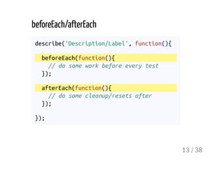beforeEach/afterEach
describe('Description/Label', function(){
beforeEach(function(){
// do some work before every test
});
afterEach(function(){
// do some cleanup/resets after
});
});
13 / 38
 