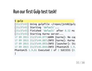 Run our first Gulp test task!
$ gulp
[21:37:43] Using gulpfile ~/repos/jstdd/gulpfile.js
[21:37:43] Starting 'default'...
[21:37:43] Finished 'default' after 8.52 ms
[21:37:43] Starting Karma server...
17 09 2015 21:37:44.077:WARN [karma]: No captured browse
17 09 2015 21:37:44.087:INFO [karma]: Karma v0.
17 09 2015 21:37:44.093:INFO [launcher]: Starting browse
17 09 2015 21:37:45.044:INFO [PhantomJS 1.9.
PhantomJS 1.9.8: Executed 2 of 2 SUCCESS (0.003
|
35 / 38
 