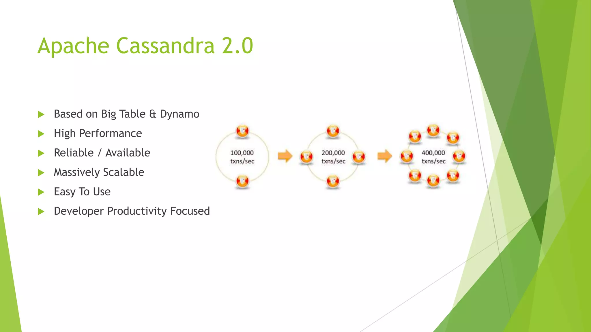 Apache Cassandra 2.0
 Based on Big Table & Dynamo
 High Performance
 Reliable / Available
 Massively Scalable
 Easy To Use
 Developer Productivity Focused
 