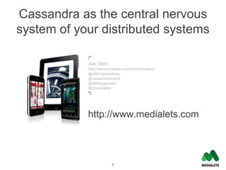 Cassandra as the central nervous
system of your distributed systems

            /*
            Joe Stein
            http://www.linkedin.com/in/charmalloc
            @allthingshadoop
            @cassandranosql
            @allthingsscala
            @charmalloc
            */



            http://www.medialets.com




                         1
 