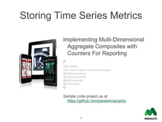 Storing Time Series Metrics

         Implementing Multi-Dimensional
           Aggregate Composites with
           Counters For Reporting
         /*
         Joe Stein
         http://www.linkedin.com/in/charmalloc
         @allthingshadoop
         @cassandranosql
         @allthingsscala
         @charmalloc
         */

         Sample code project up at
           https://github.com/joestein/apophis



                      1
 