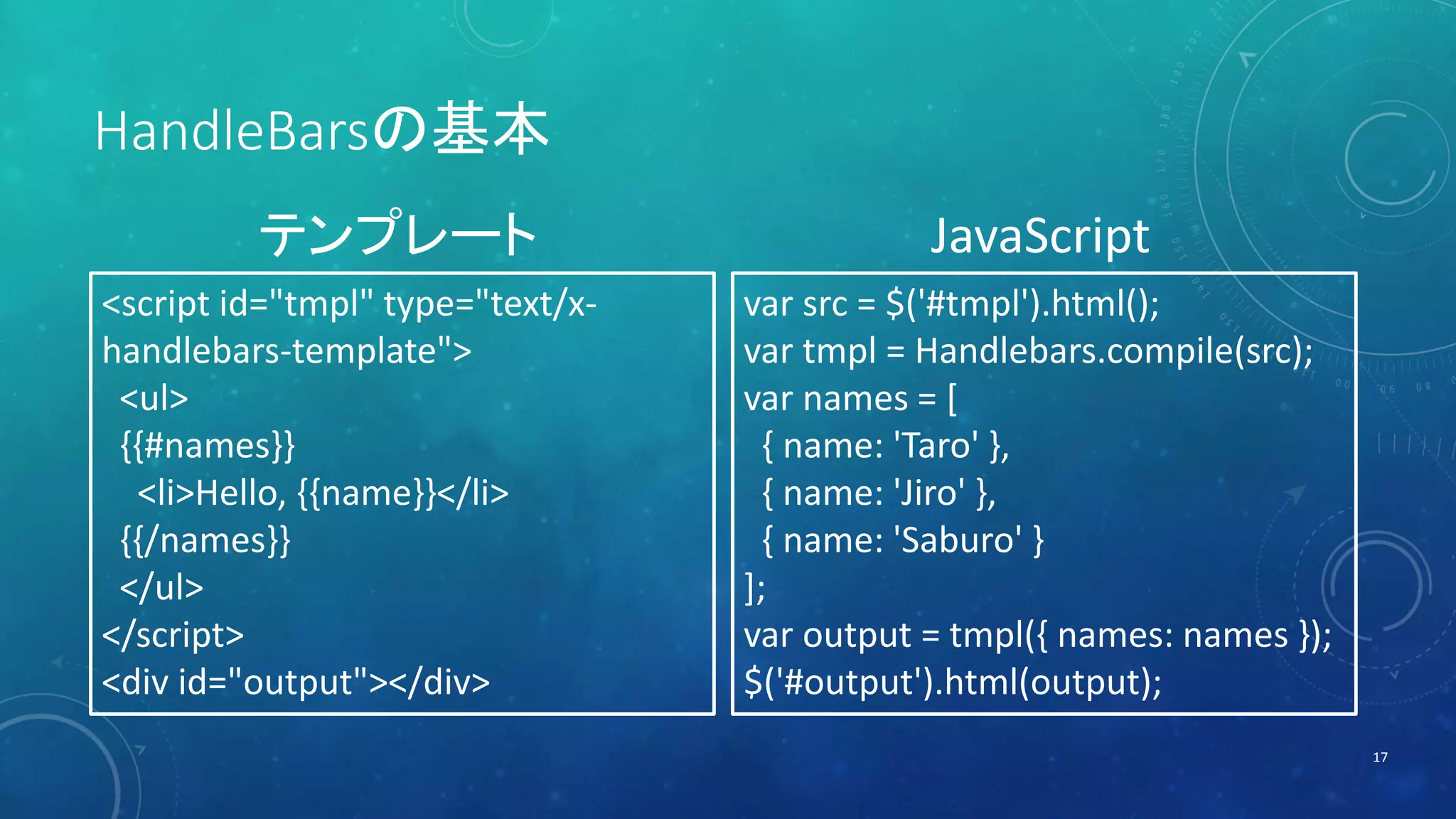 HandleBarsの基本 
17 
テンプレートJavaScript 
<script id="tmpl" type="text/x-handlebars- 
template"> 
<ul> 
{{#names}} 
<li>Hello, {{name}}</li> 
{{/names}} 
</ul> 
</script> 
<div id="output"></div> 
var src = $('#tmpl').html(); 
var tmpl = Handlebars.compile(src); 
var names = [ 
{ name: 'Taro' }, 
{ name: 'Jiro' }, 
{ name: 'Saburo' } 
]; 
var output = tmpl({ names: names }); 
$('#output').html(output); 
 