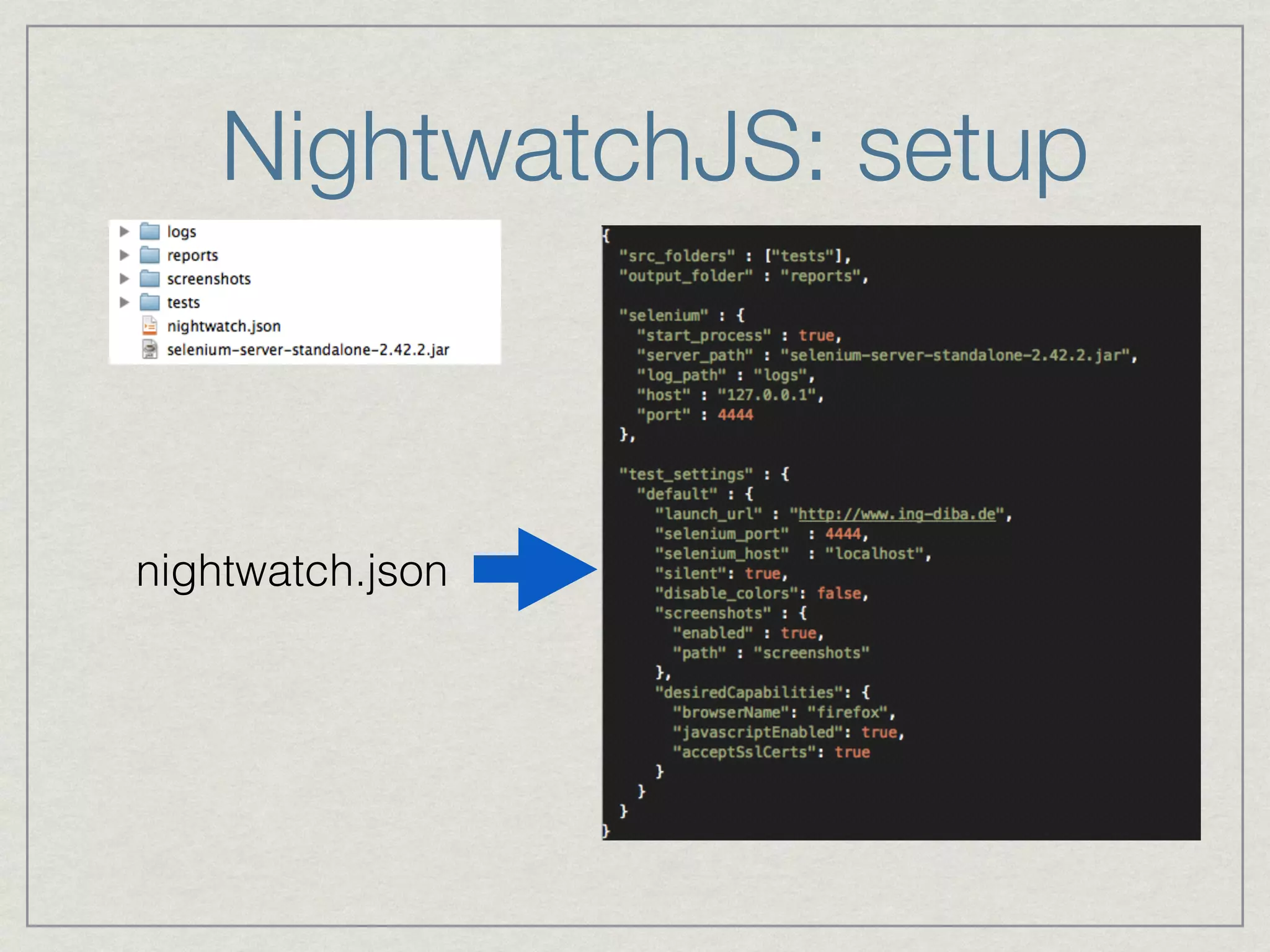 NightwatchJS: setup 
nightwatch.json 
 