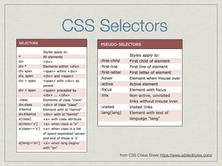 CSS Selectors 
from CSS Cheat Sheet https://www.addedbytes.com/ 
 
