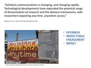 “Scholarly communications is changing, and changing rapidly.
Technological developments have expanded the potential range
of dissemination of research and the delivery mechanisms, with
researchers expecting any-time, anywhere access.”
Ithaka S+R | Jisc | RLUK, UK Survey of Academics 2012
http://murallocator.org/2010/11/love-letter-anywhere-anyplace-anytime/
 
