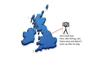 John Cook lives
here, likes fishing, eats
frozen peas and doesn’t
clean up after his dog
 